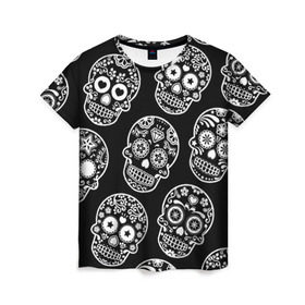 Женская футболка 3D с принтом Черепа в Курске, 100% полиэфир ( синтетическое хлопкоподобное полотно) | прямой крой, круглый вырез горловины, длина до линии бедер | день мертвых | мексика | паттерн | традиция | узоры | цветы | черно белый
