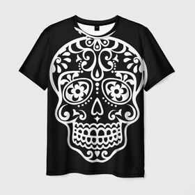 Мужская футболка 3D с принтом Мексиканский череп в Курске, 100% полиэфир | прямой крой, круглый вырез горловины, длина до линии бедер | день мертвых | мексика | традция | узоры | цветы | черный