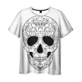 Мужская футболка 3D с принтом Мексиканский череп в Курске, 100% полиэфир | прямой крой, круглый вырез горловины, длина до линии бедер | белый | день мертвых | мексика | традция | узоры | цветы