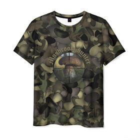 Мужская футболка 3D с принтом Грибной охотник в Курске, 100% полиэфир | прямой крой, круглый вырез горловины, длина до линии бедер | hunter | грибы | камуфляж | лес | охота