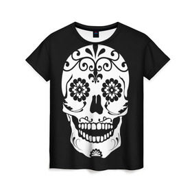 Женская футболка 3D с принтом Мексиканский череп в Курске, 100% полиэфир ( синтетическое хлопкоподобное полотно) | прямой крой, круглый вырез горловины, длина до линии бедер | cobwebs | color | day of the dead | dead | death | eyes | girl | halloween | holiday | makeup | mask | mexican skull | mexico | ornament | pattern | взгляд | девушка | день мертвых | макияж | маска | мексика | мексиканский череп | мертвецов | орнамент | п