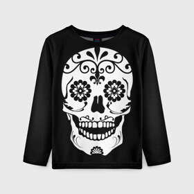 Детский лонгслив 3D с принтом Мексиканский череп в Курске, 100% полиэстер | длинные рукава, круглый вырез горловины, полуприлегающий силуэт
 | cobwebs | color | day of the dead | dead | death | eyes | girl | halloween | holiday | makeup | mask | mexican skull | mexico | ornament | pattern | взгляд | девушка | день мертвых | макияж | маска | мексика | мексиканский череп | мертвецов | орнамент | п