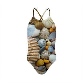 Детский купальник 3D с принтом Морские ракушки и камни в Курске, Полиэстер 85%, Спандекс 15% | Слитный крой, подклад по переду изделия, узкие бретели | камни | море | морские камни | ракушки