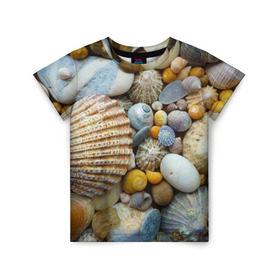Детская футболка 3D с принтом Морские ракушки и камни в Курске, 100% гипоаллергенный полиэфир | прямой крой, круглый вырез горловины, длина до линии бедер, чуть спущенное плечо, ткань немного тянется | камни | море | морские камни | ракушки