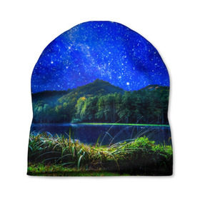 Шапка 3D с принтом Звездное небо в Курске, 100% полиэстер | универсальный размер, печать по всей поверхности изделия | звезда | небо | ночь | озеро