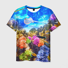 Мужская футболка 3D с принтом Подводный мир в Курске, 100% полиэфир | прямой крой, круглый вырез горловины, длина до линии бедер | вода | коралл | океан | рыбки | синяя