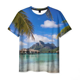 Мужская футболка 3D с принтом Бора-Бора в Курске, 100% полиэфир | прямой крой, круглый вырез горловины, длина до линии бедер | архипелаг | блаженство | бора бора | бунгало | жемчужина тихого океана | загар | каникулы | море | океан | остров | отдых | отпуск | пальмы | песок | пляж | рай | сказка | солнце | таити | туризм
