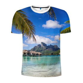Мужская футболка 3D спортивная с принтом Бора-Бора в Курске, 100% полиэстер с улучшенными характеристиками | приталенный силуэт, круглая горловина, широкие плечи, сужается к линии бедра | архипелаг | блаженство | бора бора | бунгало | жемчужина тихого океана | загар | каникулы | море | океан | остров | отдых | отпуск | пальмы | песок | пляж | рай | сказка | солнце | таити | туризм