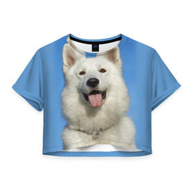 Женская футболка 3D укороченная с принтом белый пес в Курске, 100% полиэстер | круглая горловина, длина футболки до линии талии, рукава с отворотами | dog | friend | взгляд | волк | друг | пес | собака | хаски