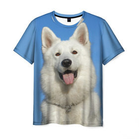 Мужская футболка 3D с принтом белый пес в Курске, 100% полиэфир | прямой крой, круглый вырез горловины, длина до линии бедер | dog | friend | взгляд | волк | друг | пес | собака | хаски