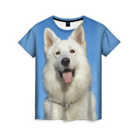 Женская футболка 3D с принтом белый пес в Курске, 100% полиэфир ( синтетическое хлопкоподобное полотно) | прямой крой, круглый вырез горловины, длина до линии бедер | dog | friend | взгляд | волк | друг | пес | собака | хаски