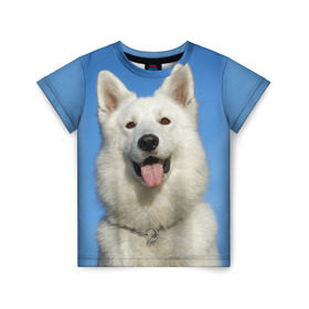Детская футболка 3D с принтом белый пес в Курске, 100% гипоаллергенный полиэфир | прямой крой, круглый вырез горловины, длина до линии бедер, чуть спущенное плечо, ткань немного тянется | Тематика изображения на принте: dog | friend | взгляд | волк | друг | пес | собака | хаски