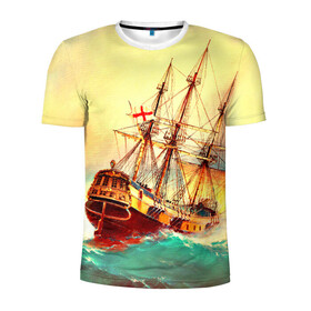 Мужская футболка 3D спортивная с принтом Парусник в Курске, 100% полиэстер с улучшенными характеристиками | приталенный силуэт, круглая горловина, широкие плечи, сужается к линии бедра | волны | исторический | корабль | море | океан