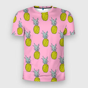 Мужская футболка 3D спортивная с принтом Ананасы 2 в Курске, 100% полиэстер с улучшенными характеристиками | приталенный силуэт, круглая горловина, широкие плечи, сужается к линии бедра | Тематика изображения на принте: летний | паттерн | розовый