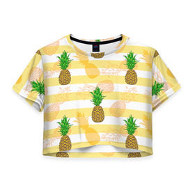 Женская футболка 3D укороченная с принтом Ананасы 21 в Курске, 100% полиэстер | круглая горловина, длина футболки до линии талии, рукава с отворотами | летний | паттерн | светлый