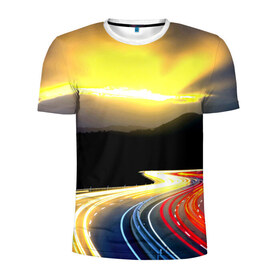 Мужская футболка 3D спортивная с принтом Ночная дорога в Курске, 100% полиэстер с улучшенными характеристиками | приталенный силуэт, круглая горловина, широкие плечи, сужается к линии бедра | Тематика изображения на принте: ночь | огни | путешествие | трасса | уличный | шоссе
