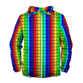 Мужская ветровка 3D с принтом Радуга (Полосы в мозайку) в Курске, 100% полиэстер | подол и капюшон оформлены резинкой с фиксаторами, два кармана без застежек по бокам, один потайной карман на груди | Тематика изображения на принте: вертикальные | жёлтый | зелёный | красный | оранжевый | полосы | радуга | синий | фиолетовый