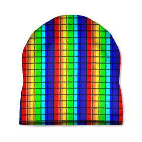 Шапка 3D с принтом Радуга (Полосы в мозайку) в Курске, 100% полиэстер | универсальный размер, печать по всей поверхности изделия | Тематика изображения на принте: вертикальные | жёлтый | зелёный | красный | оранжевый | полосы | радуга | синий | фиолетовый