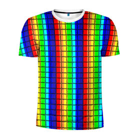 Мужская футболка 3D спортивная с принтом Радуга (Полосы в мозайку) в Курске, 100% полиэстер с улучшенными характеристиками | приталенный силуэт, круглая горловина, широкие плечи, сужается к линии бедра | Тематика изображения на принте: вертикальные | жёлтый | зелёный | красный | оранжевый | полосы | радуга | синий | фиолетовый