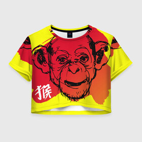Женская футболка 3D укороченная с принтом Fire Monkey в Курске, 100% полиэстер | круглая горловина, длина футболки до линии талии, рукава с отворотами | мартышка | обезьяна | огненная