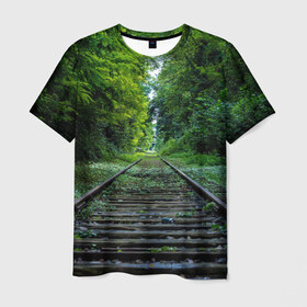 Мужская футболка 3D с принтом Лес в Курске, 100% полиэфир | прямой крой, круглый вырез горловины, длина до линии бедер | forest | деревья | дорога | зелень | лес | рельсы | сосны | тайга