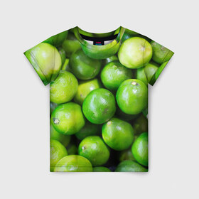 Детская футболка 3D с принтом Лаймы в Курске, 100% гипоаллергенный полиэфир | прямой крой, круглый вырез горловины, длина до линии бедер, чуть спущенное плечо, ткань немного тянется | зелень | лаймы | лето | лимоны | солнце | текстура | фрукты