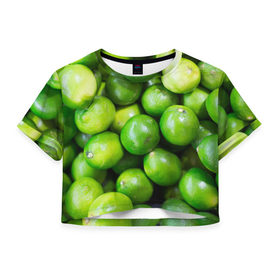 Женская футболка 3D укороченная с принтом Лаймы в Курске, 100% полиэстер | круглая горловина, длина футболки до линии талии, рукава с отворотами | зелень | лаймы | лето | лимоны | солнце | текстура | фрукты