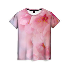 Женская футболка 3D с принтом Сакура в Курске, 100% полиэфир ( синтетическое хлопкоподобное полотно) | прямой крой, круглый вырез горловины, длина до линии бедер | весна | вишня | розовый | цветение | цветы | япония