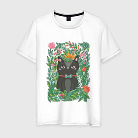 Мужская футболка хлопок с принтом Киса в цветах в Курске, 100% хлопок | прямой крой, круглый вырез горловины, длина до линии бедер, слегка спущенное плечо. | киса | коты | кошки | цветы