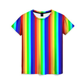 Женская футболка 3D с принтом Радуга вертикальные полосы в Курске, 100% полиэфир ( синтетическое хлопкоподобное полотно) | прямой крой, круглый вырез горловины, длина до линии бедер | вертикальные | жёлтый | зелёный | красный | оранжевый | полосы | радуга | синий | фиолетовый