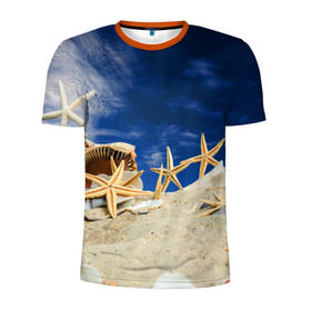 Мужская футболка 3D спортивная с принтом Морской пляж 1 в Курске, 100% полиэстер с улучшенными характеристиками | приталенный силуэт, круглая горловина, широкие плечи, сужается к линии бедра | море | отдых | отпуск | пляж | ракушки | туризм