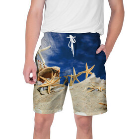 Мужские шорты 3D с принтом Морской пляж 1 в Курске,  полиэстер 100% | прямой крой, два кармана без застежек по бокам. Мягкая трикотажная резинка на поясе, внутри которой широкие завязки. Длина чуть выше колен | Тематика изображения на принте: море | отдых | отпуск | пляж | ракушки | туризм