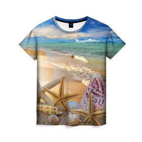 Женская футболка 3D с принтом Морской пляж 2 в Курске, 100% полиэфир ( синтетическое хлопкоподобное полотно) | прямой крой, круглый вырез горловины, длина до линии бедер | море | отдых | отпуск | пляж | ракушки | туризм