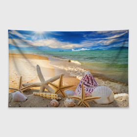 Флаг-баннер с принтом Морской пляж 2 в Курске, 100% полиэстер | размер 67 х 109 см, плотность ткани — 95 г/м2; по краям флага есть четыре люверса для крепления | море | отдых | отпуск | пляж | ракушки | туризм