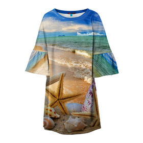 Детское платье 3D с принтом Морской пляж 2 в Курске, 100% полиэстер | прямой силуэт, чуть расширенный к низу. Круглая горловина, на рукавах — воланы | море | отдых | отпуск | пляж | ракушки | туризм