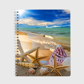 Тетрадь с принтом Морской пляж 2 в Курске, 100% бумага | 48 листов, плотность листов — 60 г/м2, плотность картонной обложки — 250 г/м2. Листы скреплены сбоку удобной пружинной спиралью. Уголки страниц и обложки скругленные. Цвет линий — светло-серый
 | море | отдых | отпуск | пляж | ракушки | туризм