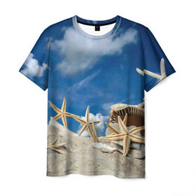 Мужская футболка 3D с принтом Морской пляж 3 в Курске, 100% полиэфир | прямой крой, круглый вырез горловины, длина до линии бедер | море | отдых | отпуск | пляж | ракушки | туризм