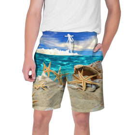 Мужские шорты 3D с принтом Морской пляж 4 в Курске,  полиэстер 100% | прямой крой, два кармана без застежек по бокам. Мягкая трикотажная резинка на поясе, внутри которой широкие завязки. Длина чуть выше колен | море | отдых | отпуск | пляж | ракушки | туризм