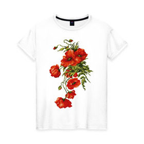 Женская футболка хлопок с принтом Маки в Курске, 100% хлопок | прямой крой, круглый вырез горловины, длина до линии бедер, слегка спущенное плечо | embroidery | flowers | poppies | red | wild | вышивка | красные | маки | полевые | цветы