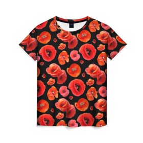 Женская футболка 3D с принтом Маки в Курске, 100% полиэфир ( синтетическое хлопкоподобное полотно) | прямой крой, круглый вырез горловины, длина до линии бедер | flowers | красные | маки | цветы