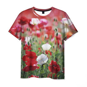 Мужская футболка 3D с принтом Маки в Курске, 100% полиэфир | прямой крой, круглый вырез горловины, длина до линии бедер | field | flowers | meadow | poppies | red | white | белые | красные | луг | маки | поле | полевые | цветы
