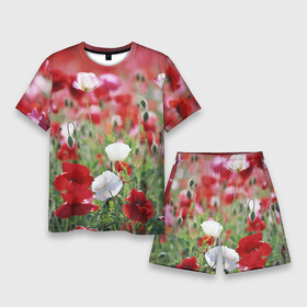 Мужской костюм с шортами 3D с принтом Маки в Курске,  |  | field | flowers | meadow | poppies | red | white | белые | красные | луг | маки | поле | полевые | цветы