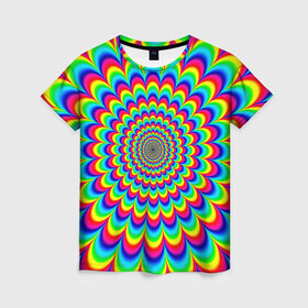 Женская футболка 3D с принтом Psychedelic в Курске, 100% полиэфир ( синтетическое хлопкоподобное полотно) | прямой крой, круглый вырез горловины, длина до линии бедер | круги | радужный | разоцветный | яркий