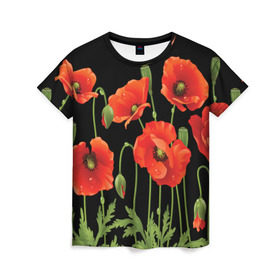 Женская футболка 3D с принтом Маки в Курске, 100% полиэфир ( синтетическое хлопкоподобное полотно) | прямой крой, круглый вырез горловины, длина до линии бедер | field | flowers | meadow | poppies | red | white | белые | красные | луг | маки | поле | полевые | цветы