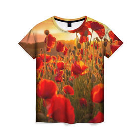 Женская футболка 3D с принтом Маки в Курске, 100% полиэфир ( синтетическое хлопкоподобное полотно) | прямой крой, круглый вырез горловины, длина до линии бедер | field | flowers | meadow | nature | poppies | red | sky | summer | sun | sunset | wild | закат | красные | лето | луг | маки | небо | поле | полевые | природа | солнце | цветы