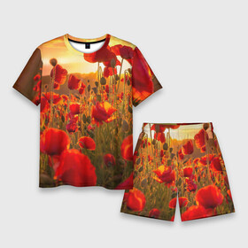 Мужской костюм с шортами 3D с принтом Маки в Курске,  |  | field | flowers | meadow | nature | poppies | red | sky | summer | sun | sunset | wild | закат | красные | лето | луг | маки | небо | поле | полевые | природа | солнце | цветы