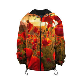 Детская куртка 3D с принтом Маки в Курске, 100% полиэстер | застежка — молния, подол и капюшон оформлены резинкой с фиксаторами, по бокам — два кармана без застежек, один потайной карман на груди, плотность верхнего слоя — 90 г/м2; плотность флисового подклада — 260 г/м2 | field | flowers | meadow | nature | poppies | red | sky | summer | sun | sunset | wild | закат | красные | лето | луг | маки | небо | поле | полевые | природа | солнце | цветы