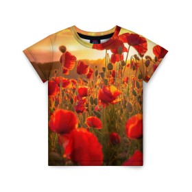 Детская футболка 3D с принтом Маки в Курске, 100% гипоаллергенный полиэфир | прямой крой, круглый вырез горловины, длина до линии бедер, чуть спущенное плечо, ткань немного тянется | Тематика изображения на принте: field | flowers | meadow | nature | poppies | red | sky | summer | sun | sunset | wild | закат | красные | лето | луг | маки | небо | поле | полевые | природа | солнце | цветы