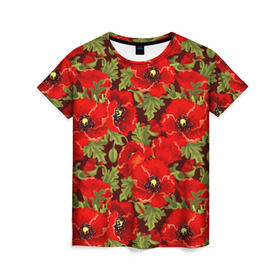 Женская футболка 3D с принтом Маки в Курске, 100% полиэфир ( синтетическое хлопкоподобное полотно) | прямой крой, круглый вырез горловины, длина до линии бедер | flowers | poppies | red | wild | красные | мак | маки | полевые | цветы