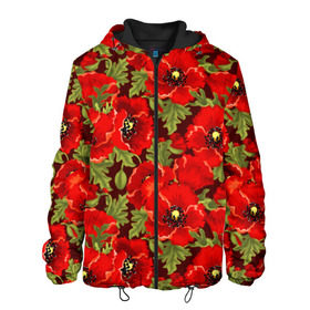 Мужская куртка 3D с принтом Маки в Курске, ткань верха — 100% полиэстер, подклад — флис | прямой крой, подол и капюшон оформлены резинкой с фиксаторами, два кармана без застежек по бокам, один большой потайной карман на груди. Карман на груди застегивается на липучку | Тематика изображения на принте: flowers | poppies | red | wild | красные | мак | маки | полевые | цветы